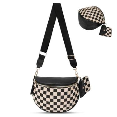 Imagem de idoltimes Bolsa transversal quadriculada, bolsas de nylon para mulheres, bolsa tiracolo espaçosa, pochete com alça de ombro, Pu-preto-1