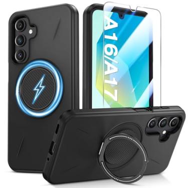 Imagem de Capa para celular Samsung Galaxy A16/A17 5G com anel de suporte de 360° e protetor de tela de vidro temperado [compatível com MagSafe], capa amortecedora à prova de choque de policarbonato e TPU de