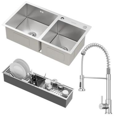 Imagem de Kit Cuba Dupla Nápoles Aço Inox 304 com Calha Organizadora Aço Inox e 