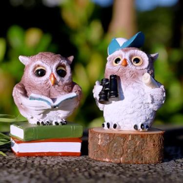 Imagem de 2 peças de estatuetas de coruja fofas para decoração de escritório em casa - livro de leitura + explorador, decoração de estatueta de coruja para mesa de professores, prateleira, biblioteca, sala de