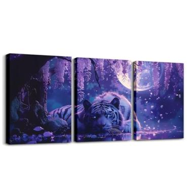 Imagem de Decoração de parede em tela de tigre branco, pintura de parede de flor de cerejeira japonesa luar à noite, decoração de quarto de meninos e meninas, fotos de pôster rústico de animais selvagens, roxo