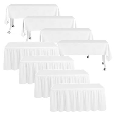 Imagem de 8 peças de saias de mesa brancas descartáveis e toalhas de mesa de plástico, 73,7 cm x 4,3 m, toalha de mesa descartável branca de 137 x 274 cm para casamento/chá de bebê/dia dos namorados/festa