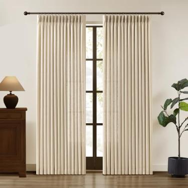 Imagem de Cortinas de linho plissadas de 213 cm de comprimento para sala de estar, cortinas plissadas com filtragem de luz bege areia, texturizadas, grossas, treinadas com memória, semitransparente, com ganchos
