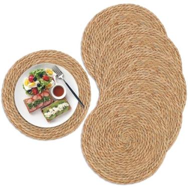 Imagem de Jogo americano de tecido redondo, carregadores, conjunto de 6, jogo americano boho de vime de 30,5 cm, tapetes para decoração de mesa, carregadores para pratos de jantar, tapetes de mesa de vime para