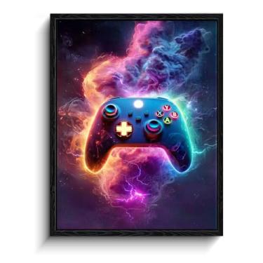 Imagem de Arte de parede de controle de jogos, brilho cósmico neon, decoração de parede cyberpunk, impressão em tela emoldurada com acabamento fosco, arte de pôster de jogador, para presente de streamer de