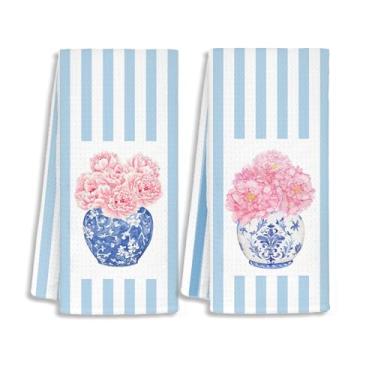 Imagem de STHTTSW Chinoiserie Toalhas de cozinha florais rosa, toalhas de chá florais Grandmillennial, toalhas de mão decorativas de flor de peônia listrada azul e branca para decoração de cozinha, banheiro
