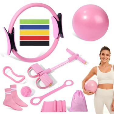 Imagem de Kit de Pilates 14 peças, kit essencial de Pilates para mulheres, equipamento de pilates para casa com anel de bola circular de ioga, 5 faixas de resistência, faixa de resistência ao extrator de pedal