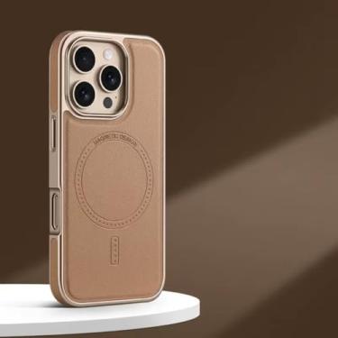 Imagem de IRTGFG Capa de couro com moldura de luxo para iPhone 16 Pro, capa magnética com carregamento sem fio e à prova de choque (para iPhone 16 Pro/ouro deserto)