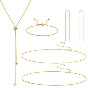 Imagem de NEWITIN Conjunto de 5 peças de joias de ouro para mulheres moda bijuteria banhado a ouro colar longo Lariat pulseira corrente de cintura conjunto de brincos pendentes para mulheres