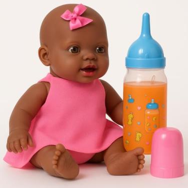 Imagem de Boneca Bebê Negra com Mamadeira Mágica e Lacinho | Brinquedo de Faz de Conta Infantil