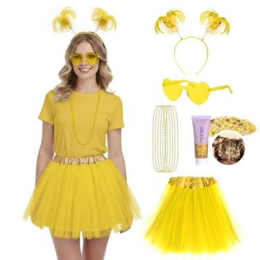 Imagem de Tinyones Conjunto de acessórios de fantasia de tutu para adultos, 10 peças, saia de tule, Halloween, anos 80, faixa de cabeça, colar com glitter corporal, Amarelo, One Size