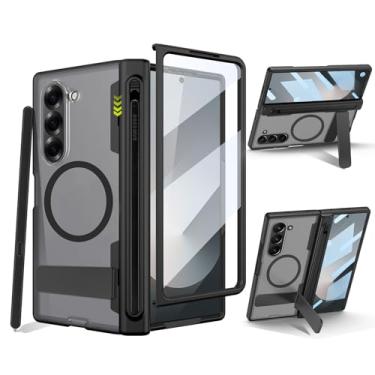 Imagem de liuziyi Capa para Samsung Galaxy Z Fold 6 com novo suporte de caneta integrado, para acessórios Magsafe de forma redonda, suporte de metal ajustável, protetor de tela, translúcido transparente
