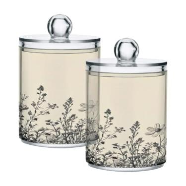 Imagem de ATTX Dispensador de suporte Qtip de ervas e flores silvestres para bola de algodão, cotonete, frasco de boticário de plástico transparente, pote de armazenamento de cozinha para decoração de casa
