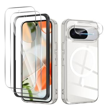 Imagem de Yskbilm Capa magnética para Google Pixel 9, com 2 protetores de tela e 1 protetor de lente de câmera, [não amarela] [militar à prova de choque] Capa traseira fina transparente para celular Google