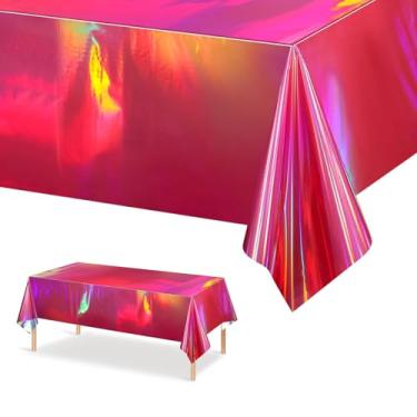 Imagem de ORNALES Pacote com 3 toalhas de mesa iridescentes rosa rosa, toalhas de mesa descartáveis de folha brilhante holográfica, 137 x 274 cm, adequadas para decorações de aniversário, casamento e festas de