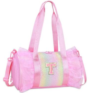 Imagem de Bolsa de dança com monograma personalizada para meninas – Mochila Oxford leve resistente à água para crianças de 3 a 8 anos para balé líder de torcida festa do pijama ginástica rosa T