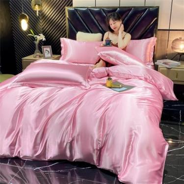 Imagem de XLCZMYL Jogo de cama de seda de rayon sólido com capa de edredom fronhas de luxo king casal solteiro cetim fronha, rosa, tamanho solteiro 4 peças