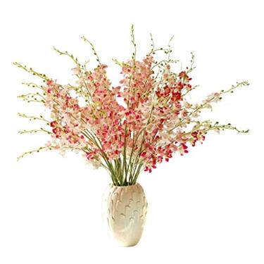 Imagem de LMJYU Presentes de flores artificiais, flores de orquídea, flores artificiais com haste de vaso de cerâmica, ramos de seda Phalaenopsis, toque real para vaso doméstico, festa de casamento