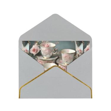 Imagem de SKKNT Copos de chá com rosas cartões de felicitações com impressão romântica para todas as ocasiões, convites de festa de aniversário de casamento, 12,7 x 15,2 cm