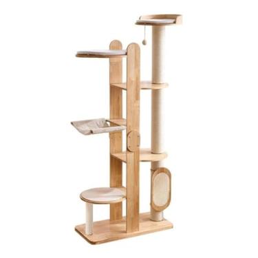 Imagem de Torre de árvore de gato de 182 cm, madeira natural, vários níveis com rede, poste arranhador de sisal, poleiro grande