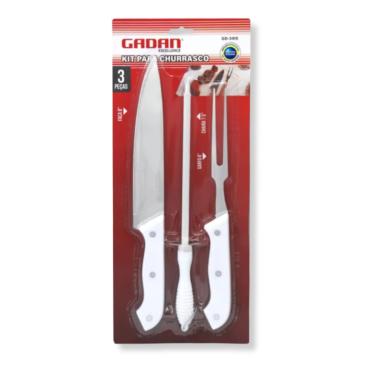Imagem de Kit Churrasco Profissional, Conjunto 3 Peças em Aço Inoxidável, Faca 31cm, Chaira 29cm, Garfo 28cm, para Churrasco