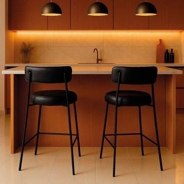 Imagem de Banqueta Cozinha Média Com Encosto Industrial Preto Kit 2 Londres Pu D03 - D`rossi Preto