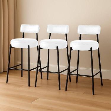 Imagem de Banqueta Cozinha Média Com Encosto Industrial Preto Kit 3 Londres Pu Branco D03 - D`rossi