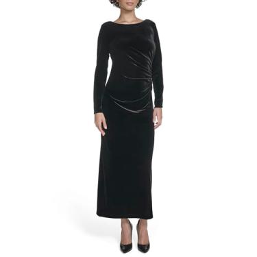 Imagem de Calvin Klein Vestido longo feminino de veludo com gola redonda e manga comprida, Preto, 36