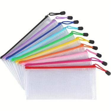 Imagem de 5 bolsas de malha com zíper pacote com 5 sacos de plástico à prova d'água tamanho A6 sacos com zíper de malha transparente para sala de aula, escola, escritório, 5 peças