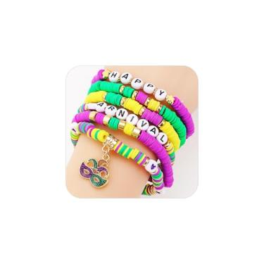 Imagem de Hremhoo Pulseira feminina elástica com contas de carnaval, várias camadas, máscara, chapéu, palhaço, letra, empilhável, conjunto de pulseiras para carnaval, acessórios de carnaval, lembrancinhas de
