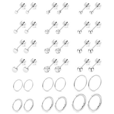 Imagem de REVOLIA 18 pares de brincos de aço cirúrgico banhados a ouro 18 K para mulheres e homens, pequenos brincos de cartilagem minúscula para cartilagem múltipla, argola de hélice, prata