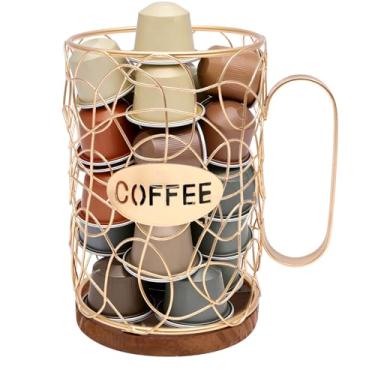 Imagem de KHZSPP Suporte de cápsulas de café para balcão, suporte de cápsula de café expresso com base de madeira para 50 cápsulas, cesta de armazenamento de café preta ou dourada para bancada de cozinha