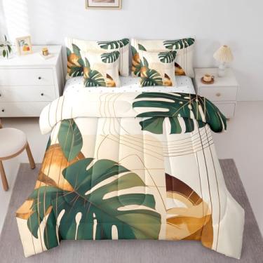 Imagem de Feelyou Conjunto de edredom solteiro com estampa de folhas tropicais, estampa de folhas tropicais, boêmio, exótico, boêmio, 7 peças, com edredom, lençóis, fronhas e capa de almofada