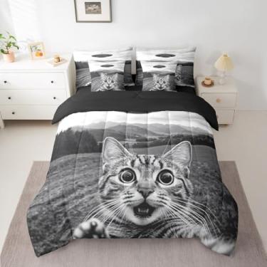 Imagem de jejeloiu Conjunto de edredom de 7 peças, engraçado, para crianças, meninos, meninas, adolescentes, gatos, cama casal com edredom, lençóis, fronhas e capa de almofada