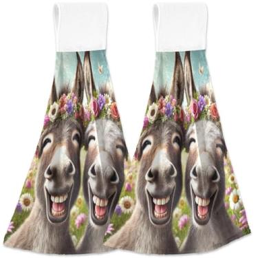 Imagem de TSENQUE Toalha de mão pendurada de burros fofos para cozinha toalhas de forno personalizadas conjunto de 2 toalhas de mão de cozinha absorventes decorativas, 46 x 35 cm
