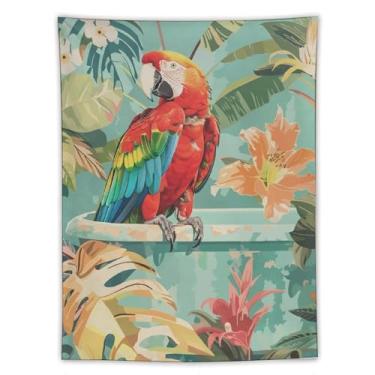 Imagem de Tapeçaria de parede floral tropical papagaio de arara vermelha na banheira decoração de pássaro vibrante arte boho para banheiro quarto acento pendurado alegre cena da natureza 152 x 203 tapeçaria