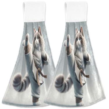 Imagem de TSENQUE Ragdoll Toalhas de mão personalizadas divertidas para gatos de karatê com laços para pendurar toalhas de forno macias absorventes fofas toalhas de secagem de cozinha conjunto de 2, 45 x 35 cm