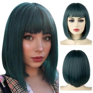 Imagem de Peruca curta reta bob com franja 20 cm moda sintética colorida cosplay diária festa peruca para mulheres aço verde
