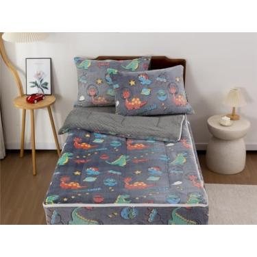 Imagem de NTBED Jogo de cama solteiro com zíper que brilha no escuro para crianças, meninos, dinossauro, espaço felpudo e lençol com elástico