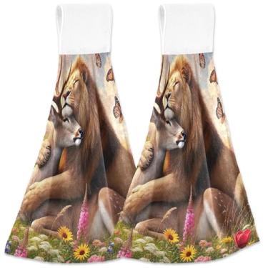 Imagem de TSENQUE Toalhas de cozinha fofas florais de veado leão personalizadas com laço para pendurar toalhas de chá de forno, conjunto de 2 itens essenciais de cozinha decorativos ultra absorventes, 46 x 35