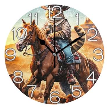 Imagem de GAIGEO Relógio de parede analógico decorativo estético silencioso sem tique-taque relógio de cozinha rústico, decoração de parede moderna sala de estar gato cowboy cavalo deserto tropical, 25 cm