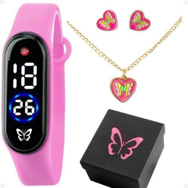Imagem de relogio digital rosa led infantil + colar + brincos + caixa original b