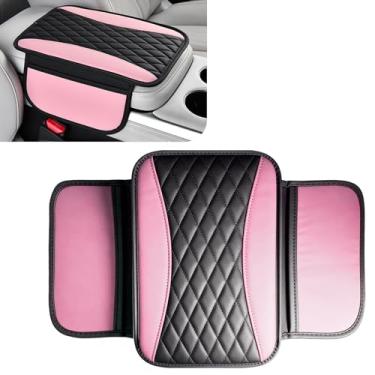 Imagem de SWQS Capa de console central de couro patchwork, capa de apoio de braço de carro atualizada com 2 sacos de armazenamento, capas universais de descanso de braço para carro, acessórios internos de