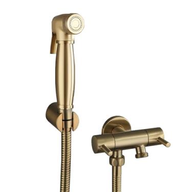 Imagem de Kit de pulverizador de bidê de vaso sanitário portátil pulverizador de bidê de ouro escovado para bidê de banheiro acessório de chuveiro cabeça de pulverizador para vaso sanitário todo cobre, ouro