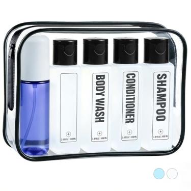 Imagem de GearTrust Frascos de viagem à prova de vazamento para artigos de higiene pessoal aprovados pela TSA, frascos de xampu de viagem de 100 ml, recipientes pequenos de plástico recarregáveis - pacote com 5