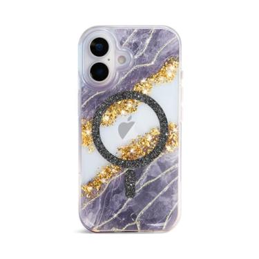 Imagem de Teayoha Capa com glitter para iPhone 16 Pro Max, capa de telefone brilhante brilhante de luxo compatível com MagSafe, capa transparente com detalhes em folha dourada 3D mármore para mulheres, meninas