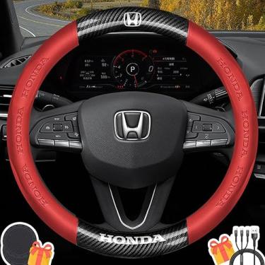Imagem de Capa de volante compatível com Honda, couro napa premium e textura de fibra de carbono brilhante capa de volante com 2 porta-copos e cabo USB de carregamento rápido (vermelho)