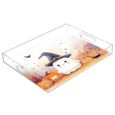 Imagem de xigua Bandeja de servir de acrílico fantasma de Halloween com alças à prova de derramamento, bandejas decorativas de festa de Halloween, bandeja organizadora de bancada para banheiro, cozinha, 30,5 x