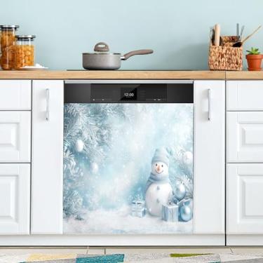 Imagem de xigua Linda capa magnética de boneco de neve de Natal, adesivos magnéticos decorativos antiarranhões para painel de geladeira e lava-louças, decoração personalizada de cozinha doméstica 58 x 66 cm