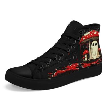 Imagem de AWSOLE Mushroom Forest Tênis de lona cano alto feminino masculino vintage gótico estético sapatos casuais com estampa natural, preto/vermelho/bege, 10 Women/8 Men